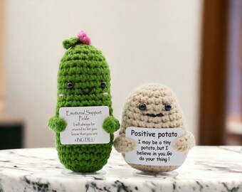 Positive Potato, Emotional Support Pickle Crochet Toy, Handmade Best Friend Gift. Office Desk Decor for Coworkers. Funny Birthday Gag Gifts