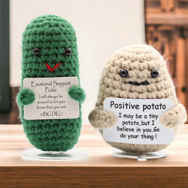 Positive Potato, Emotional Support Pickle Crochet Toy, Handmade Best Friend Gift. Office Desk Decor for Coworkers. Funny Birthday Gag Gifts