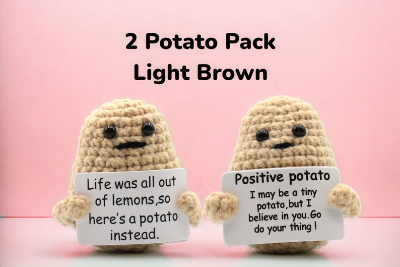 Positive Potato, Emotional Support Pickle Crochet Toy, Handmade Best Friend Gift. Office Desk Decor for Coworkers. Funny Birthday Gag Gifts 2 Pack Light Brown