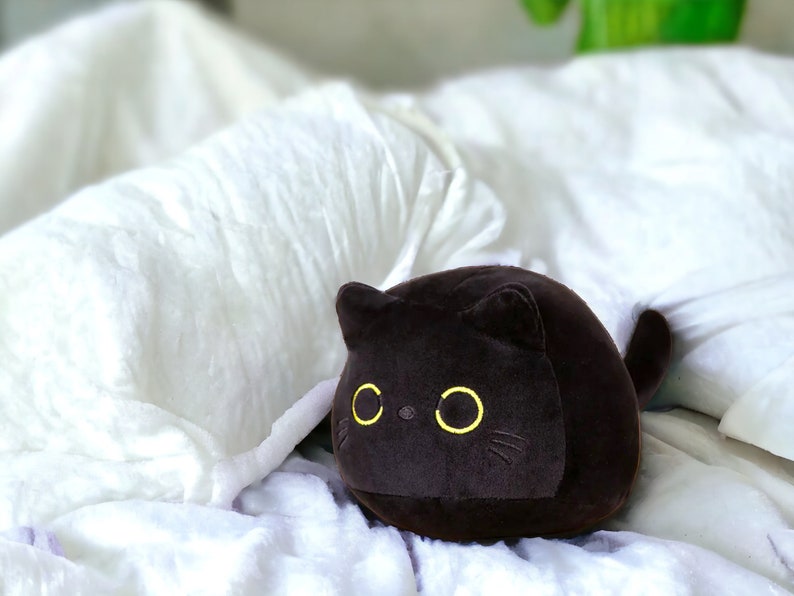 Cute Squishy Black Cat Plush Toy, White Cat Plushie, Stuffed Animal Baby Toy. Throw Pillow Accessory. Cat Lover Car Dashboard Decor. image 5