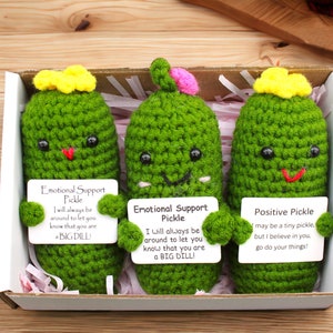 May include: Three crocheted pickle plush toys in a white gift box with pink and white shredded paper. Each pickle has a yellow crocheted flower on top and a happy face. Each pickle is holding a card with a message: "Emotional Support Pickle", "Emotional Support Pickle", and "Positive Pickle".
