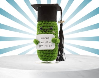 Graduation Positive Pickle with Stand, Cheer Up, Thinking of You Crochet Toy, Handmade Best Friend Gift. Office Desk Decor for Coworkers.