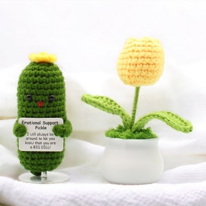 Positive Potato, Emotional Support Pickle Crochet Toy, Handmade Best Friend Gift. Office Desk Decor for Coworkers. Funny Birthday Gag Gifts