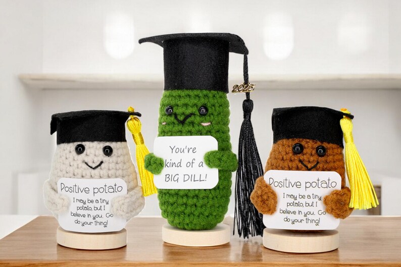 Graduation Positive Pickle with Stand, Graduation Potato Keepsake, High School, College, PHD Grad Gifts. Personalized Handmade Crochet Gift Graduation Pickle