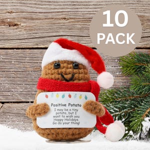 May include: A brown crocheted potato wearing a red scarf and a white Santa hat holds a sign that reads "Positive Potato I may be a tiny potato, but I want to wish you Happy Holidays. Go do your thing!"