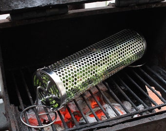 Rolling Grill BBQ Basket, Grilling Tube Accessories for Veggies, Meats, Fish, Seafood. Quality Stainless Steel. Dad,Him, Boyfriend Gifts.