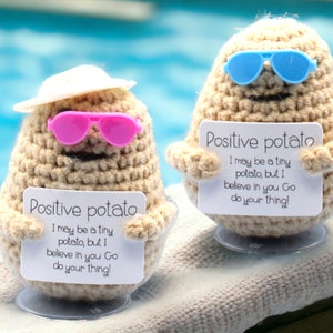 May include: Two crocheted potato figures wearing sunglasses and hats, holding signs that say "Positive potato I may be a tiny potato, but I believe in you Go do your thing!"
