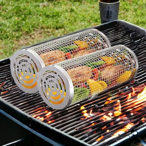 Fathers Day Grill Accessories, Rolling BBQ Basket, Grilling Tube for Veggies, Meats, Fish. Stainless Steel Dad Grilling Gifts. Gift For Him