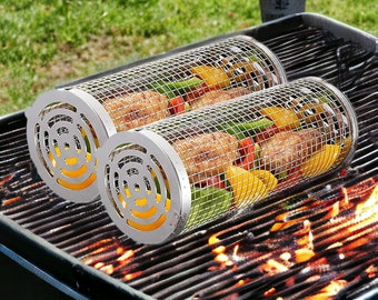 Fathers Day Grill Accessories, Rolling BBQ Basket, Grilling Tube for Veggies, Meats, Fish. Stainless Steel Dad Grilling Gifts. Gift For Him