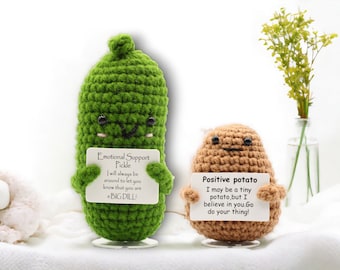 Positive Potato, Emotional Support Pickle Crochet Toy, Handmade Best Friend Gift. Office Desk Decor for Coworkers. Funny Birthday Gag Gifts