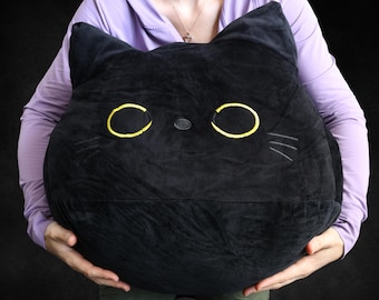 Cute Squishy Black Cat Plush Toy, White Cat Plushie, Stuffed Animal Baby Toy. Throw Pillow Accessory. Cat Lover Car Dashboard Decor.