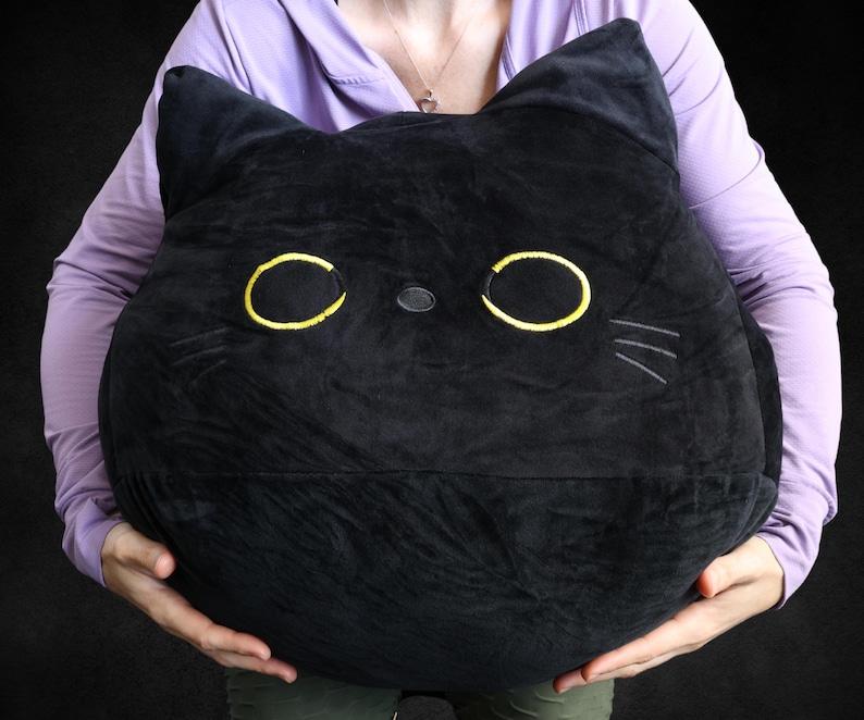 Cute Squishy Black Cat Plush Toy, White Cat Plushie, Stuffed Animal Baby Toy. Throw Pillow Accessory. Cat Lover Car Dashboard Decor. XXL Black Cat