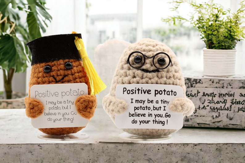 Positive Potato, Emotional Support Pickle Crochet Toy, Handmade Best Friend Gift. Office Desk Decor for Coworkers. Funny Birthday Gag Gifts image 2