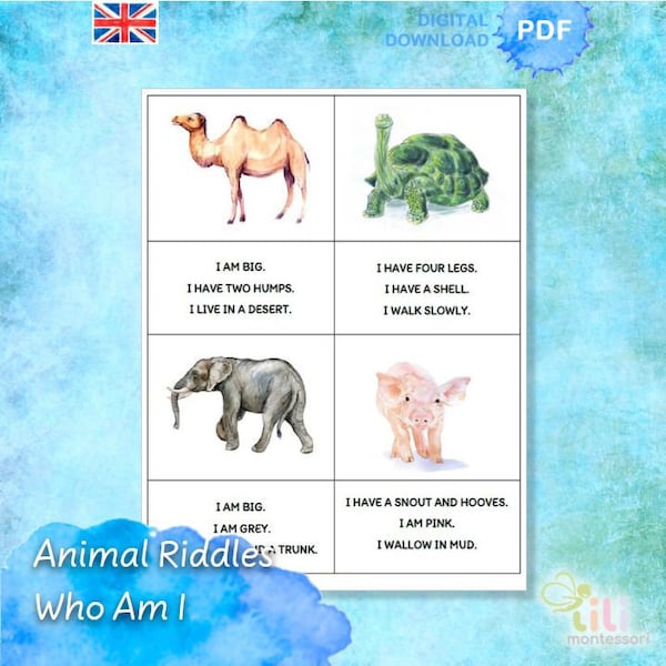 ANIMAL RIDDLES - Who am I?  Educational Material⁕ Riddles⁕ Montessori material⁕ First reading⁕ Language material⁕ Animal cards⁕ Printable