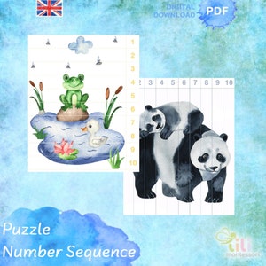 May include: A printable number sequence puzzle for kids featuring a frog on a lily pad and two pandas. The puzzle includes numbers 1 through 10.