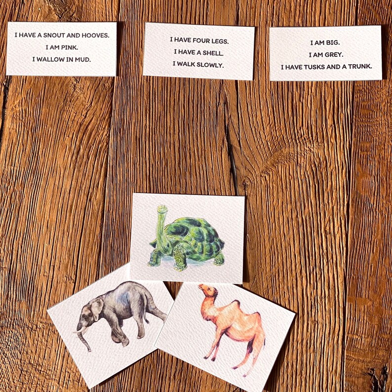 May include: Four cards with animal descriptions and pictures of an elephant, a camel, a tortoise, and a card with the text "I AM BIG. I AM GREY. I HAVE TUSKS AND A TRUNK."