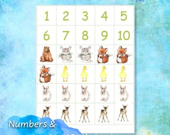 May include: A printable worksheet for kids to learn numbers 1 to 10. The worksheet features colorful illustrations of animals, including a bear, mice, foxes, ducks, rabbits, and deer.