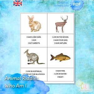 May include: A set of animal riddle cards with colorful illustrations of a rabbit, deer, kangaroo, and fish. Each card has a riddle written on it, such as "I have long ears, I hop, I eat carrots." The cards are designed for children to learn about animals and solve riddles.