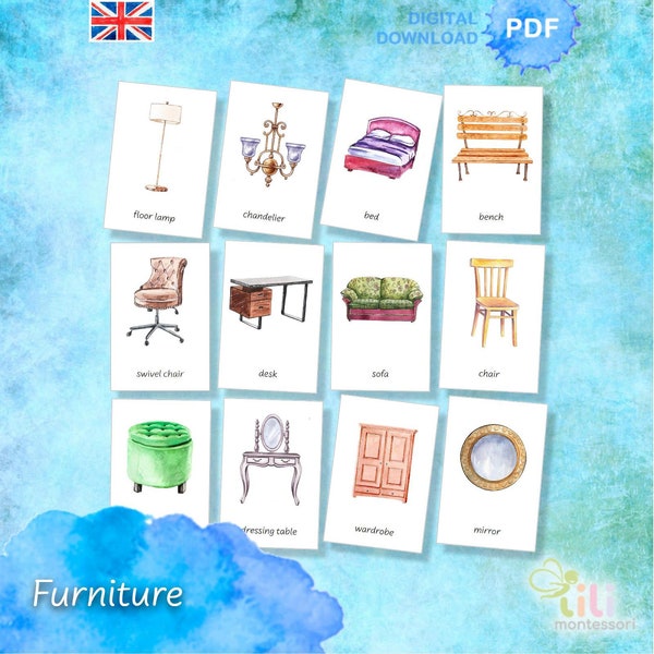 FURNITURE Three part cards Montessori⁕ 24 Editable Cards ⁕ Multilingual possibility ⁕4 fonts⁕ Nomenclature ⁕ Vocabulary ⁕Printable ⁕ Culture