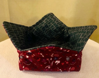 Floral Bowl Cozy, Maroon And Green Cotton Potholder, Soup Bowl Holder, Kitchen Gift, Housewarming Gift, Floral Kitchen Decor, Bowl Cozy