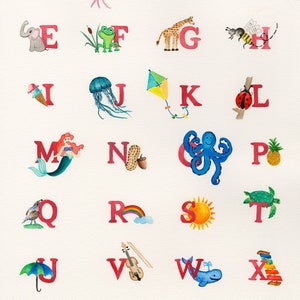 Alphabet Watercolor Print, Wall Art, Decoración de guardería, Póster de ABC animal, Decoración de la habitación de los niños, Regalo para bebés - DESCARGA DIGITAL