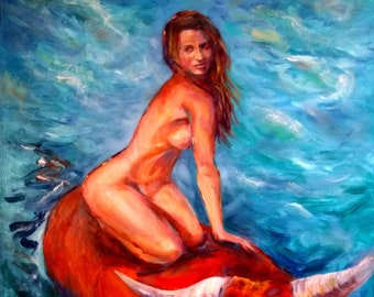 Puede incluir: Una pintura de una mujer montando un toro rojo a través de agua azul. La mujer está desnuda y tiene el pelo largo y castaño. El toro tiene grandes cuernos y está mirando hacia adelante.