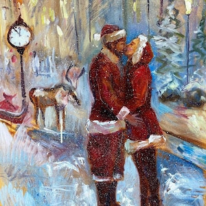 Christmas oil painting Santa in love painting  Santa Claus original oil painting Christmas story
