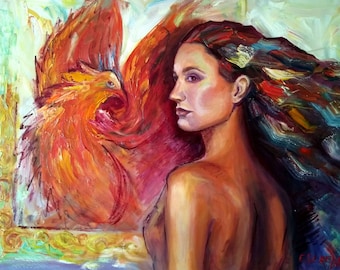 Woman Phoenix Mirror reflection  Firebird Woman Portrait Artwork