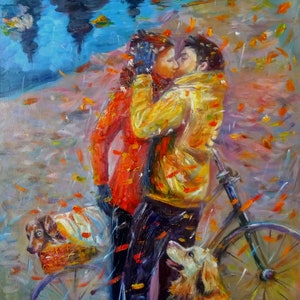Love story painting Romantic couple art Passionate kisses  Gift for her Wall decor