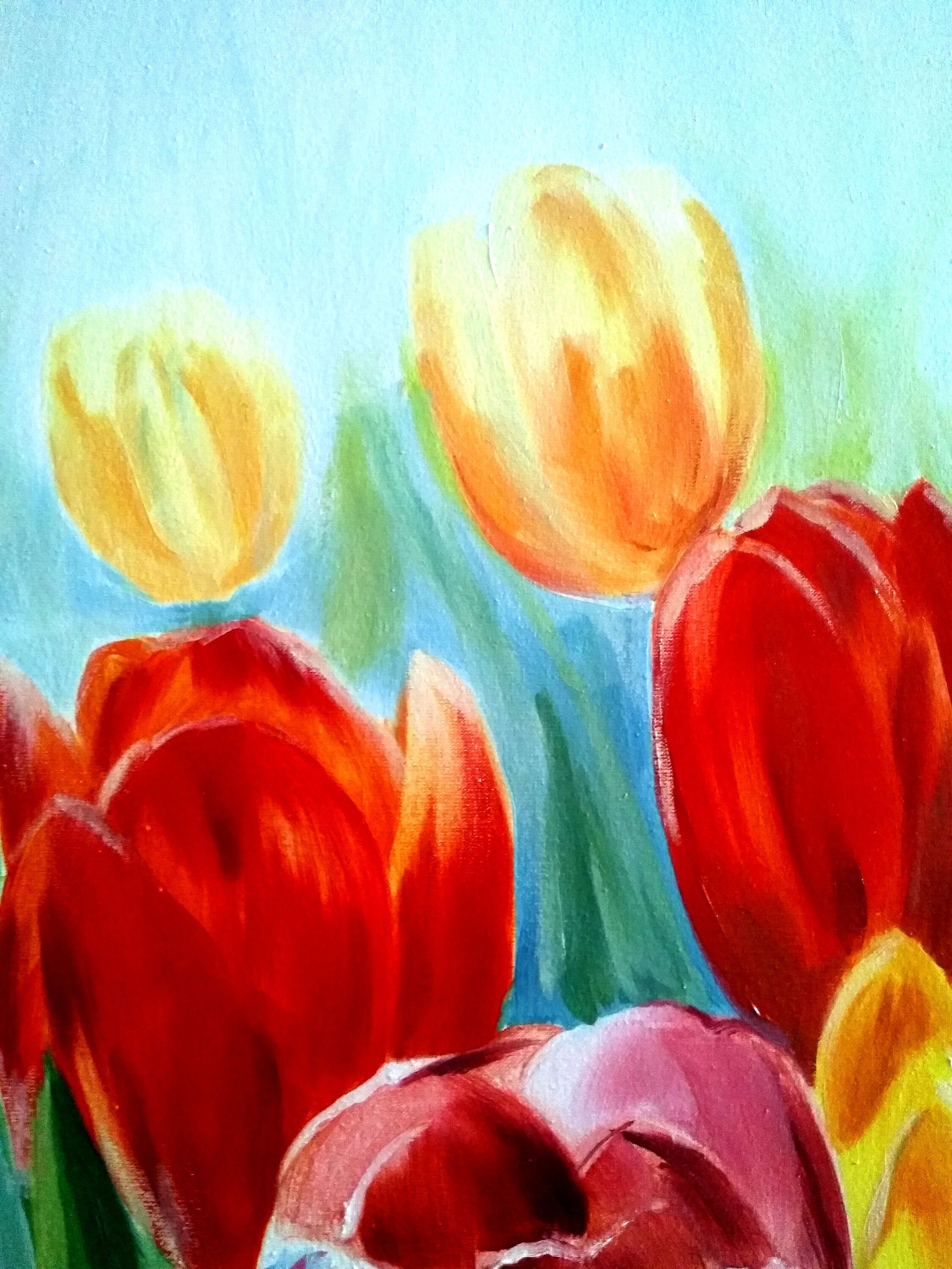 チューリップの絵 野原の花の絵 チューリップ畑 明るい色 壁 チューリップの絵 野原の花の絵 チューリップ畑 明るい色 壁