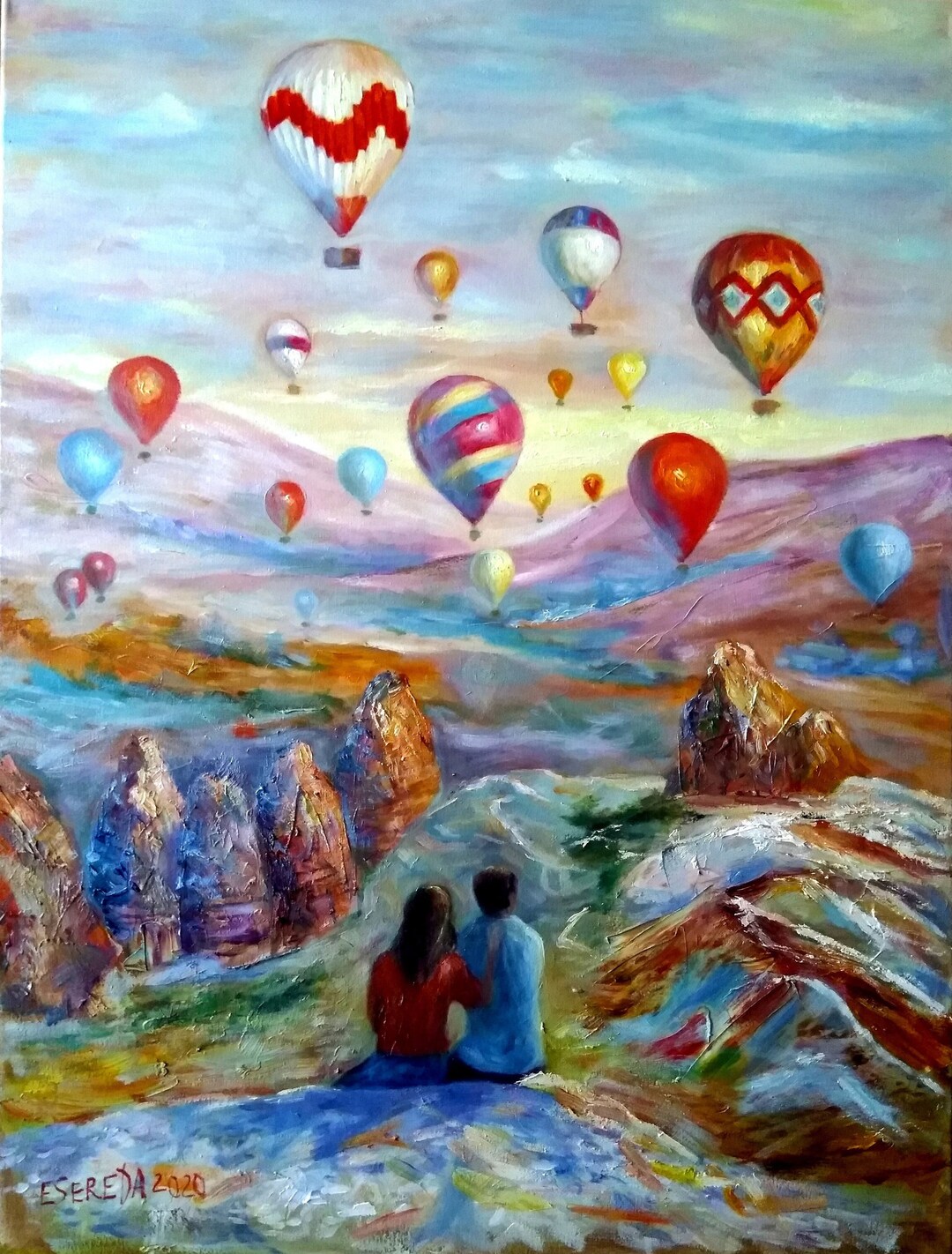 Romantic Couple Colored Balloons in Sky Mountain Landscape Couple of ...