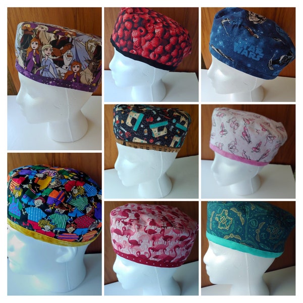 Reversible Scrub Caps/Surgical Hats - Adjustable Velcro Closure - Unisex - Pony Tail Opening - 100% Cotton