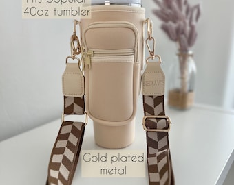 Travel Carrier 40 oz Stanley Tumbler Bottle Holder With Custom Engraved Leather Shoulder Boho Strap Crossbody Tumbler Accessory Sleeve Gift