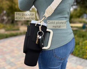 Tumbler 40 oz Stanley Water Bottle Sleeve With Personalized Engraved Removable Shoulder Strap Crossbody Boho Purse Strap Gift Idea For Her