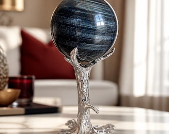 Beautiful Deep Blue Tiger Eye Sphere on Silver Tree Sphere Holder – 11 Ounces (61 MM)