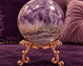 Rare Stunning Large Mexican Lace Amethyst Agate Sphere 1 lb 11.4 oz – 3.25" with Rose Gold Metal Holder