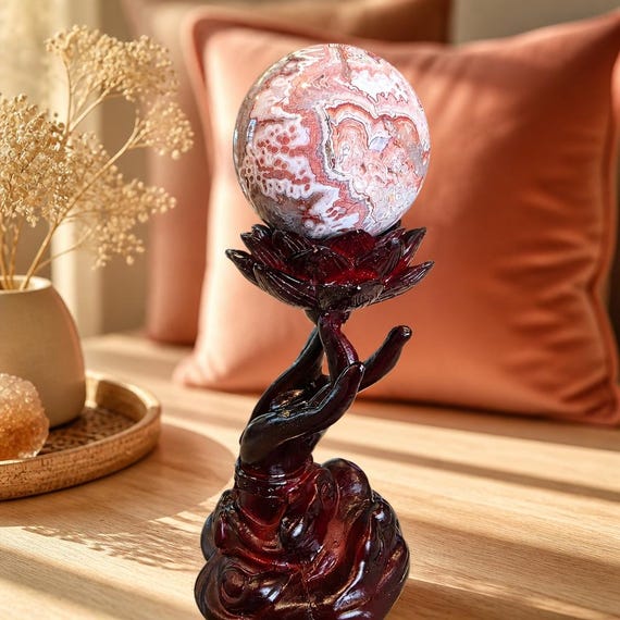 Gorgeous Red Mexican Crazy Lace Agate Sphere with Sculptural Lotus Hand Holder – 9.2 oz / 2.25 Inches
