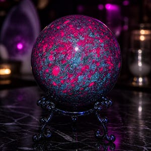 May include: A polished spherical stone featuring a vibrant mottled pattern of deep magenta and dark teal colors. The sphere is supported by a black metal display stand with ornate, curved legs and a circular base structure.