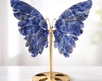 Large Blue Sodalite Butterfly on Stand, Genuine Crystal Decor