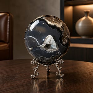 May include: A polished black and dark gray stone sphere featuring a central triangular geode cavity with white crystalline structures. The sphere is displayed on a decorative silver-toned metal stand with three ornate, curved legs.