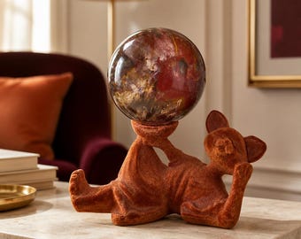 Beautiful UV Reactive Petrified Wood Sphere and Cat Sphere Holder| 77mm