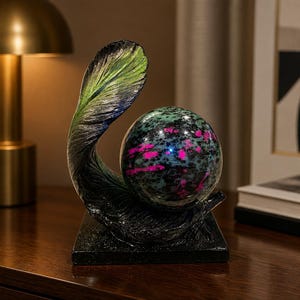 May include: A decorative sculpture featuring a polished, spherical stone with black, green, and vibrant pink speckled patterns, cradled by a dark, textured, curved base that resembles a large feather or leaf with green highlights.