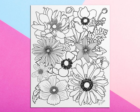 5 Floral Coloring Pages/adults/digital Download 1 