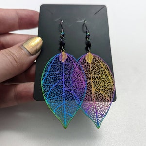 Cherry Tree Leaf Geometric Metallic Filigree Earrings with Custom Crystals: Electroplated Stainless Steel Rainbow Chrome