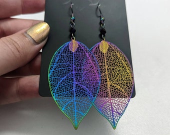 Cherry Tree Leaf Geometric Metallic Filigree Earrings with Custom Crystals: Electroplated Stainless Steel Rainbow Chrome