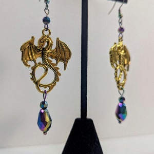 Rainbow Chrome Crystal Dragon Earrings: Gold - Silver - Bronze