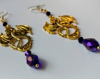Fantasy Dragon Custom Crystal Earrings: Gold