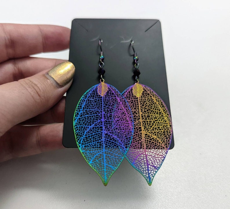 Cherry Tree Leaf Geometric Metallic Filigree Earrings with Custom Crystals: Electroplated Stainless Steel Rainbow Chrome image 1