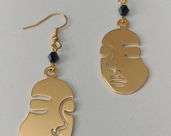 Gold Face Pendant Earrings: Custom Accent Crystal