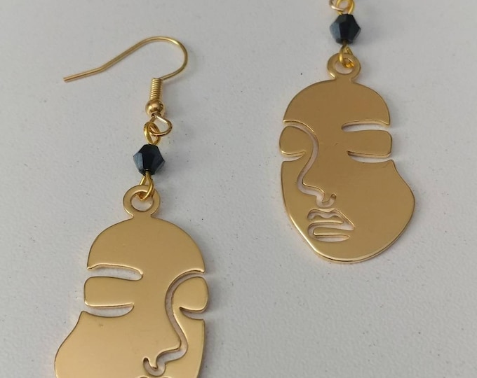 Gold Face Pendant Earrings: Custom Accent Crystal